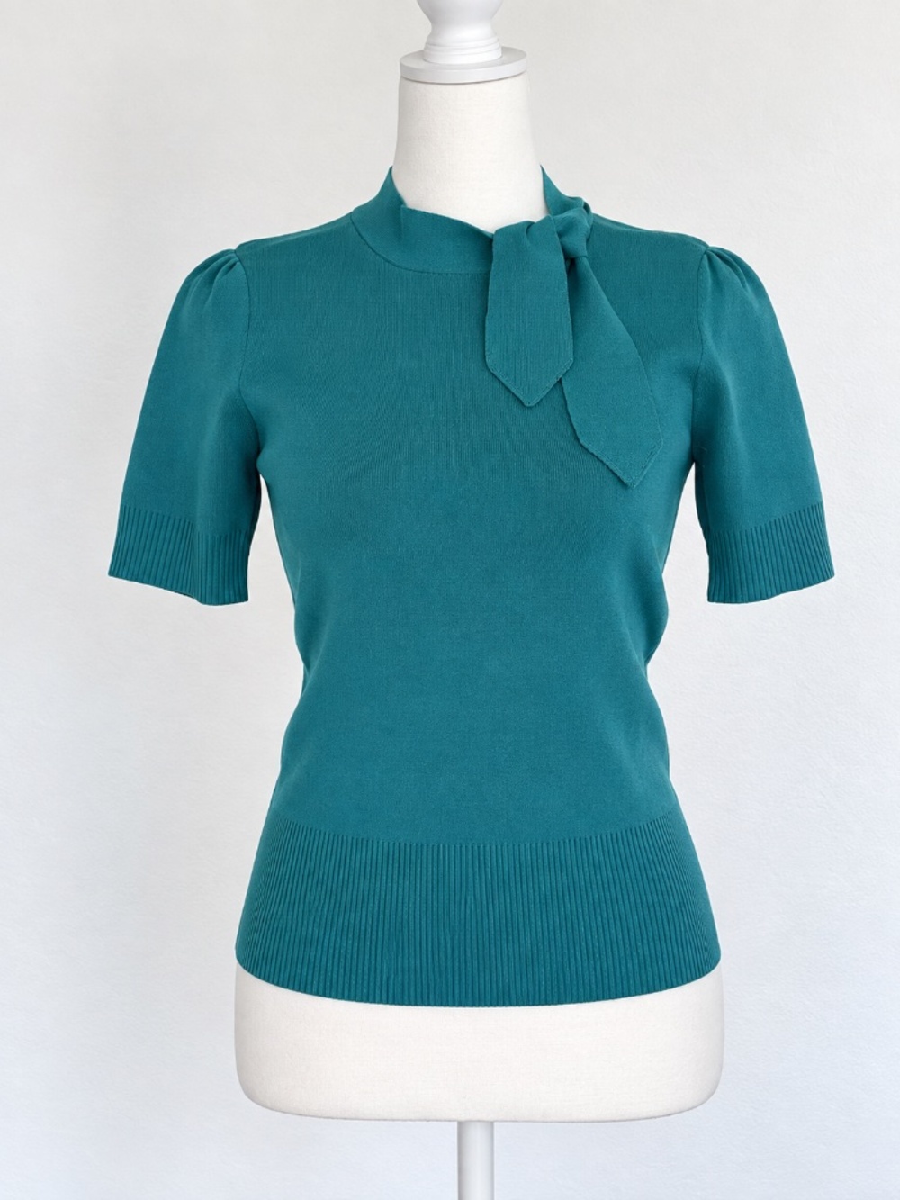 Ann Taylor LOFT Petites Teal Tie-Neck Short Sleeve Sweater Top SP